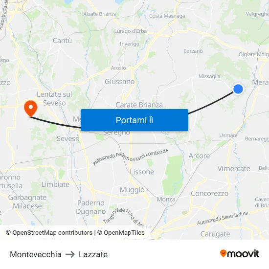 Montevecchia to Lazzate map