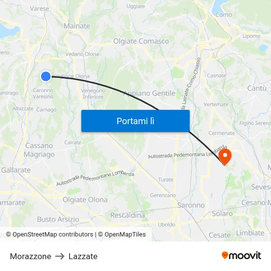 Morazzone to Lazzate map