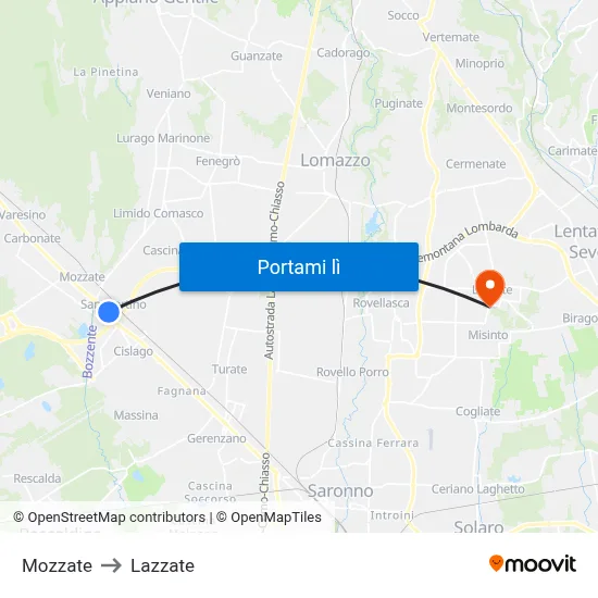 Mozzate to Lazzate map