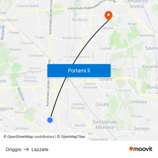 Origgio to Lazzate map
