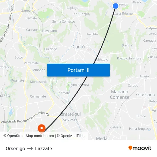 Orsenigo to Lazzate map