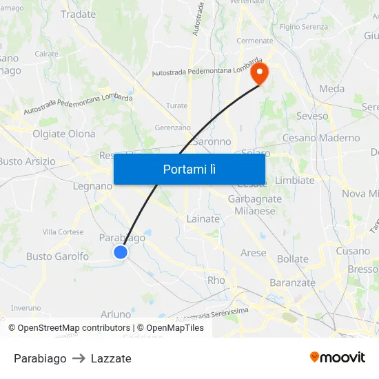 Parabiago to Lazzate map