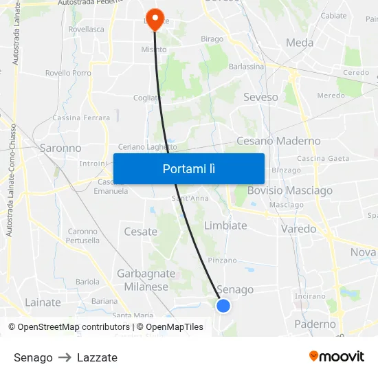 Senago to Lazzate map