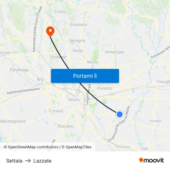 Settala to Lazzate map