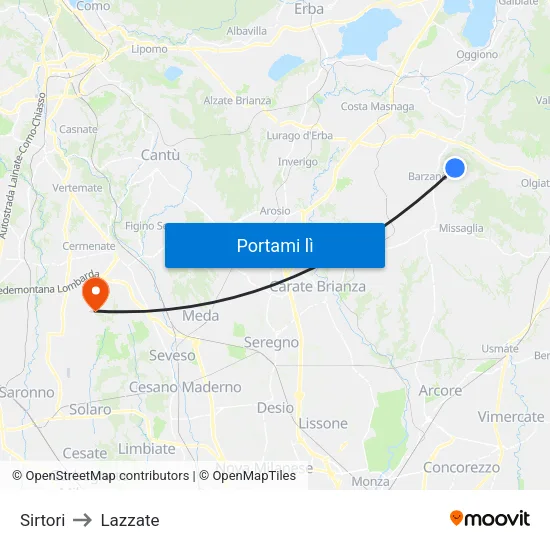 Sirtori to Lazzate map
