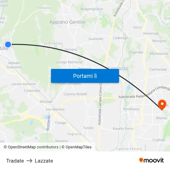 Tradate to Lazzate map