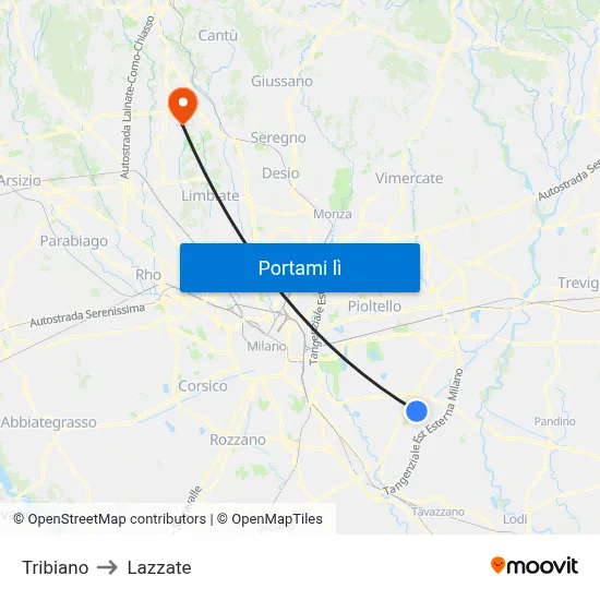 Tribiano to Lazzate map