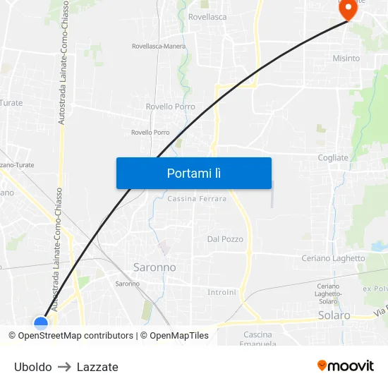 Uboldo to Lazzate map