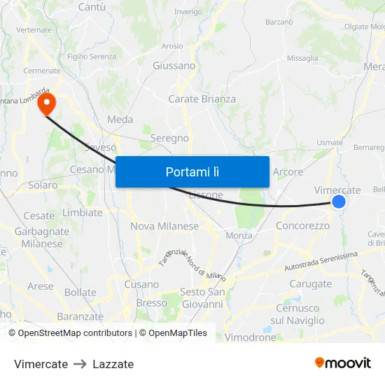 Vimercate to Lazzate map