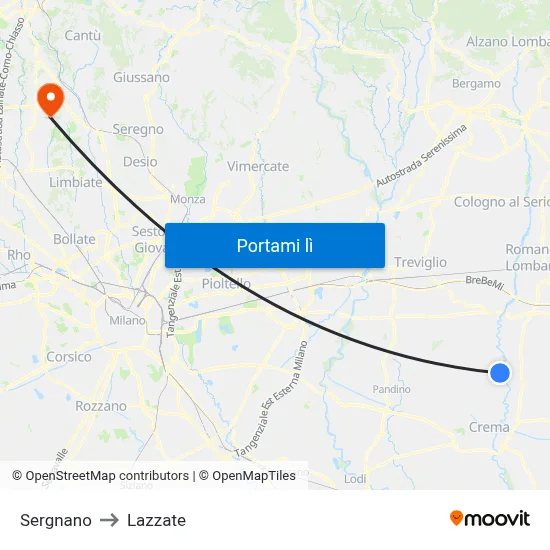 Sergnano to Lazzate map