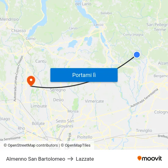Almenno San Bartolomeo to Lazzate map