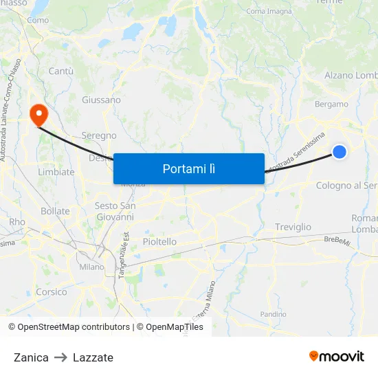 Zanica to Lazzate map