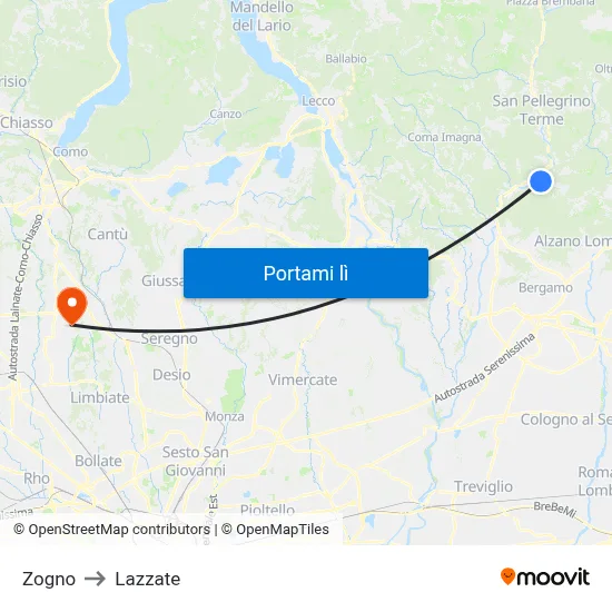 Zogno to Lazzate map