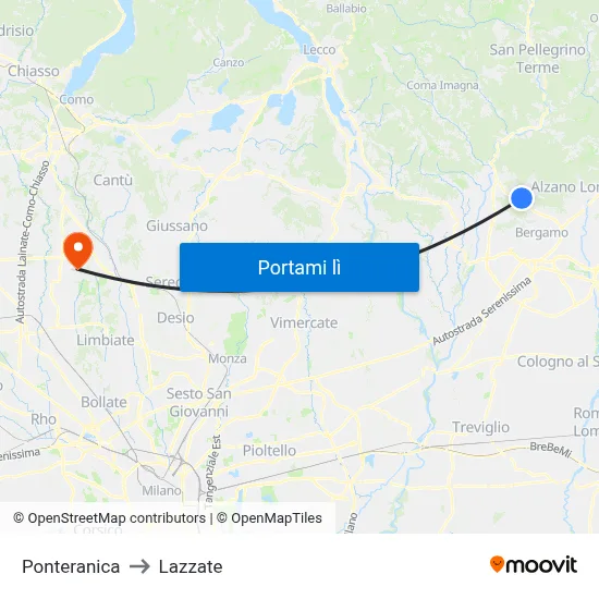 Ponteranica to Lazzate map