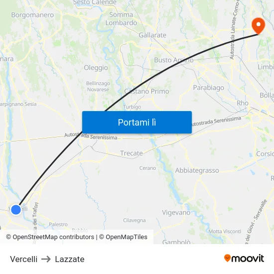 Vercelli to Lazzate map