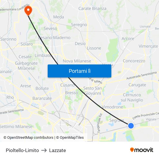 Pioltello-Limito to Lazzate map