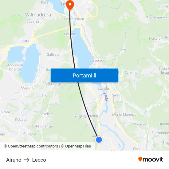 Airuno to Lecco map