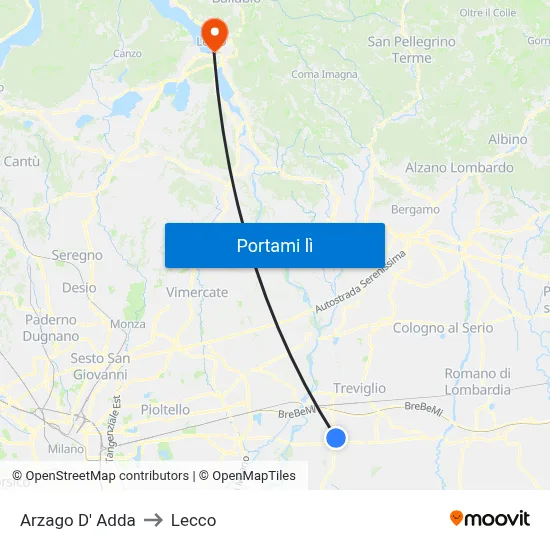 Arzago D' Adda to Lecco map