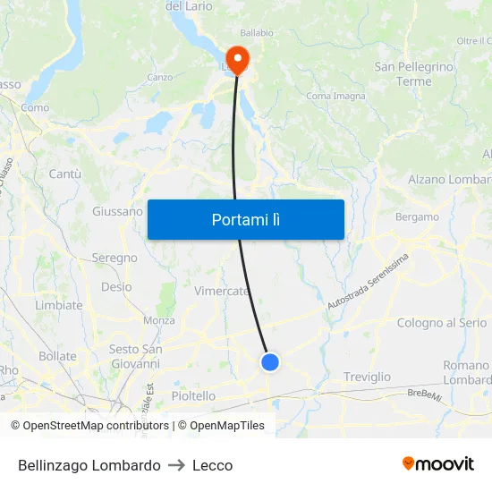 Bellinzago Lombardo to Lecco map