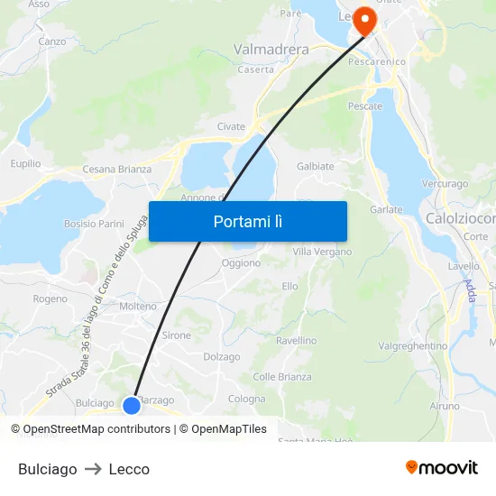 Bulciago to Lecco map