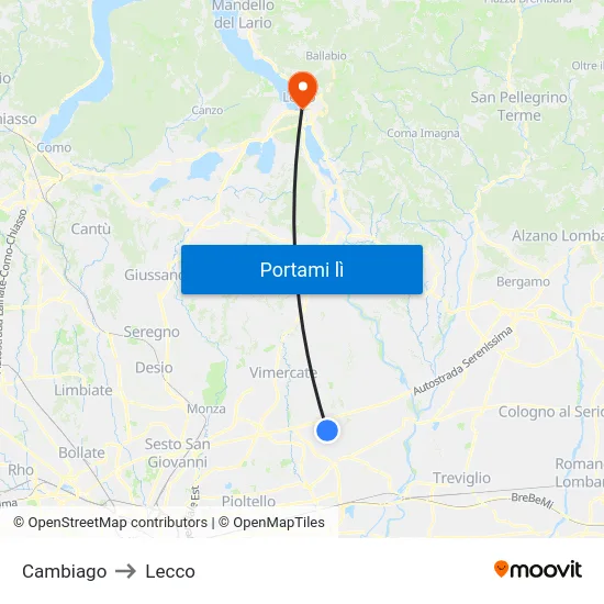 Cambiago to Lecco map
