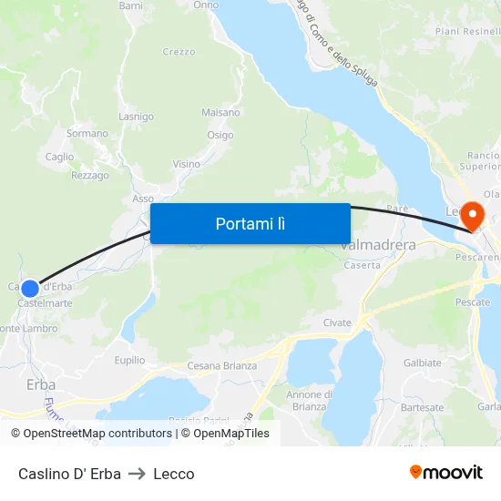 Caslino D' Erba to Lecco map