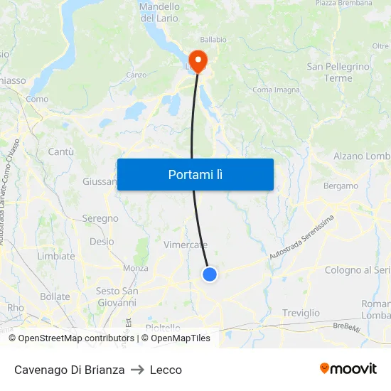 Cavenago Di Brianza to Lecco map