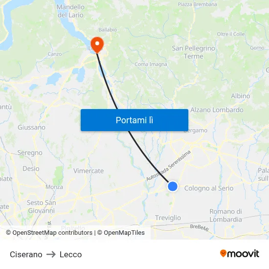 Ciserano to Lecco map