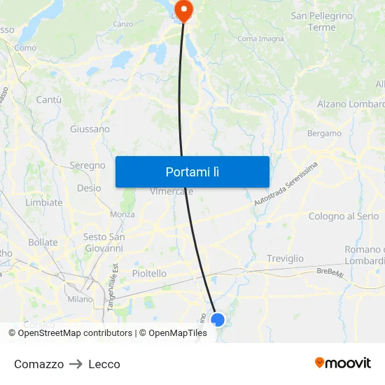 Comazzo to Lecco map
