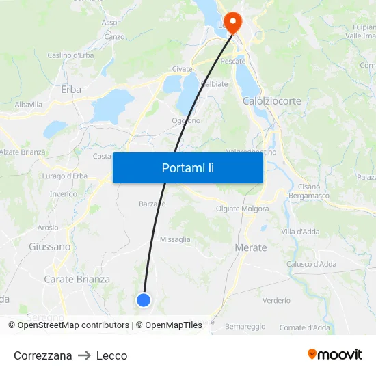 Correzzana to Lecco map