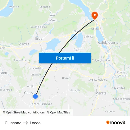 Giussano to Lecco map