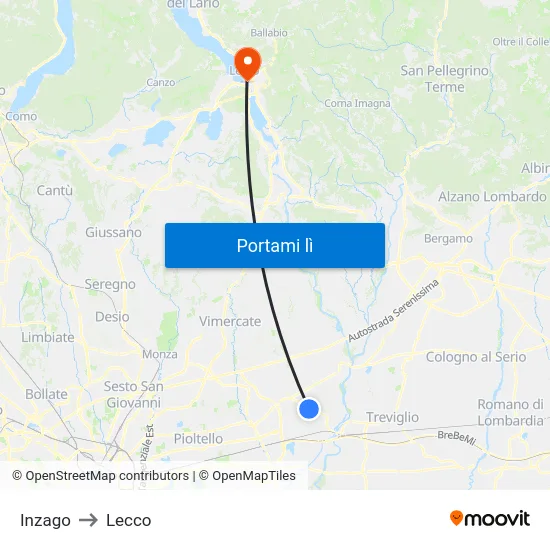 Inzago to Lecco map