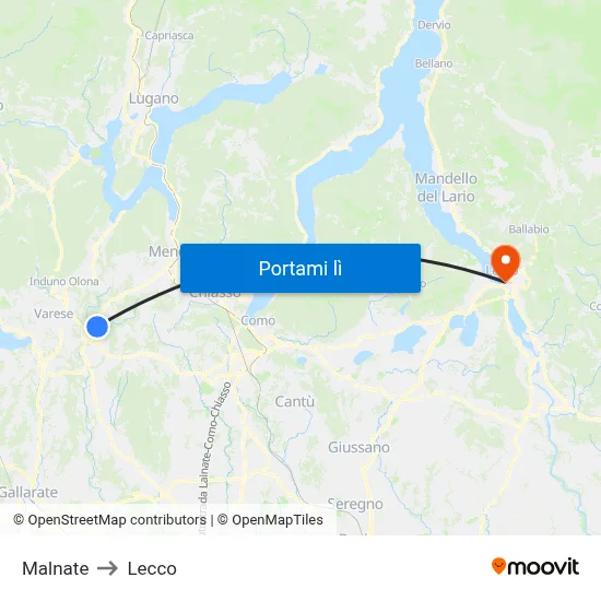 Malnate to Lecco map