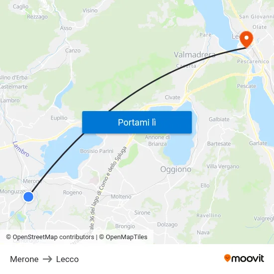 Merone to Lecco map