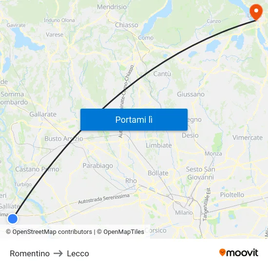 Romentino to Lecco map