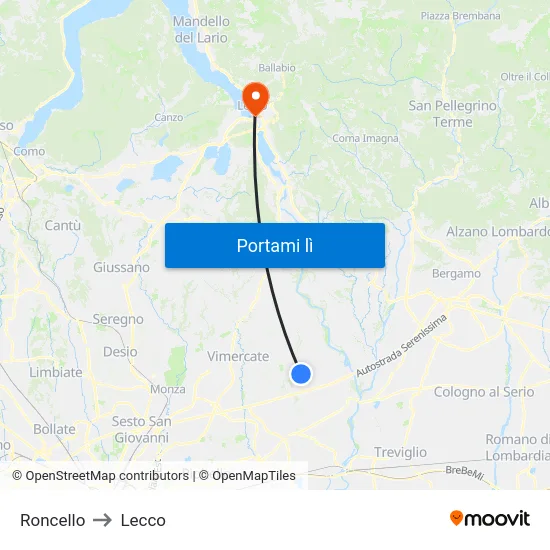 Roncello to Lecco map
