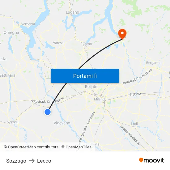 Sozzago to Lecco map
