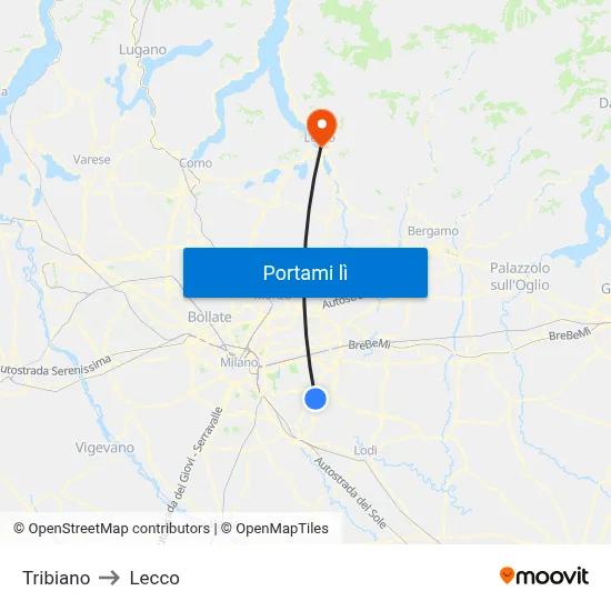 Tribiano to Lecco map