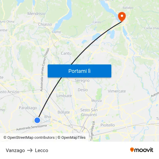 Vanzago to Lecco map