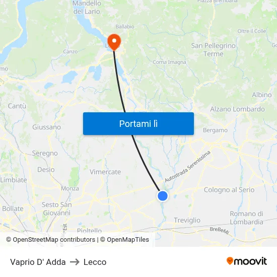 Vaprio D' Adda to Lecco map