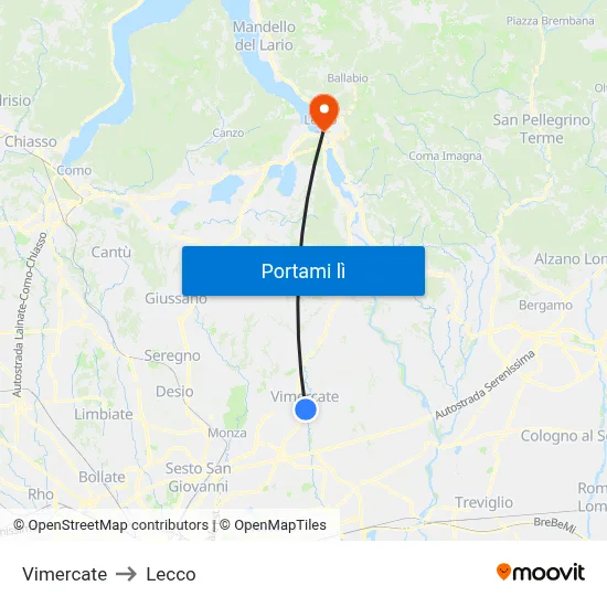 Vimercate to Lecco map