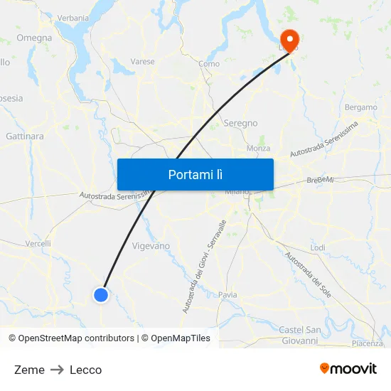 Zeme to Lecco map