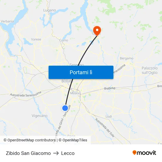 Zibido San Giacomo to Lecco map