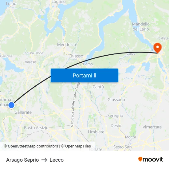 Arsago Seprio to Lecco map