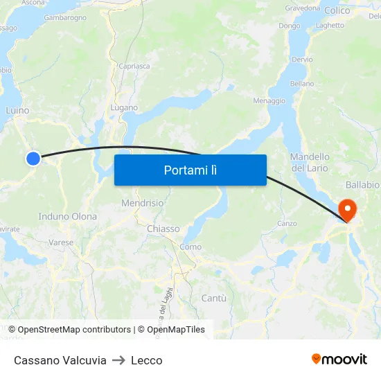Cassano Valcuvia to Lecco map
