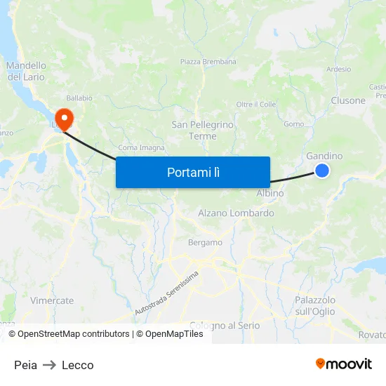 Peia to Lecco map