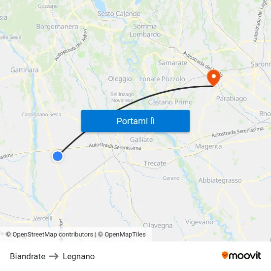 Biandrate to Legnano map