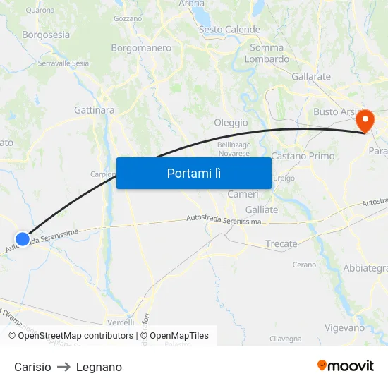 Carisio to Legnano map
