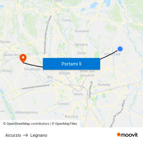 Aicurzio to Legnano map