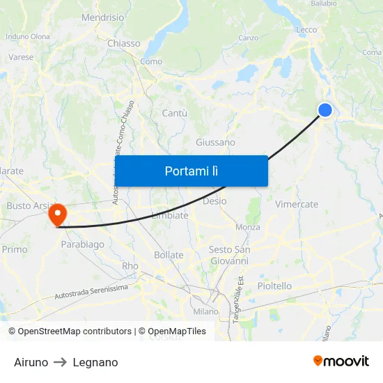 Airuno to Legnano map